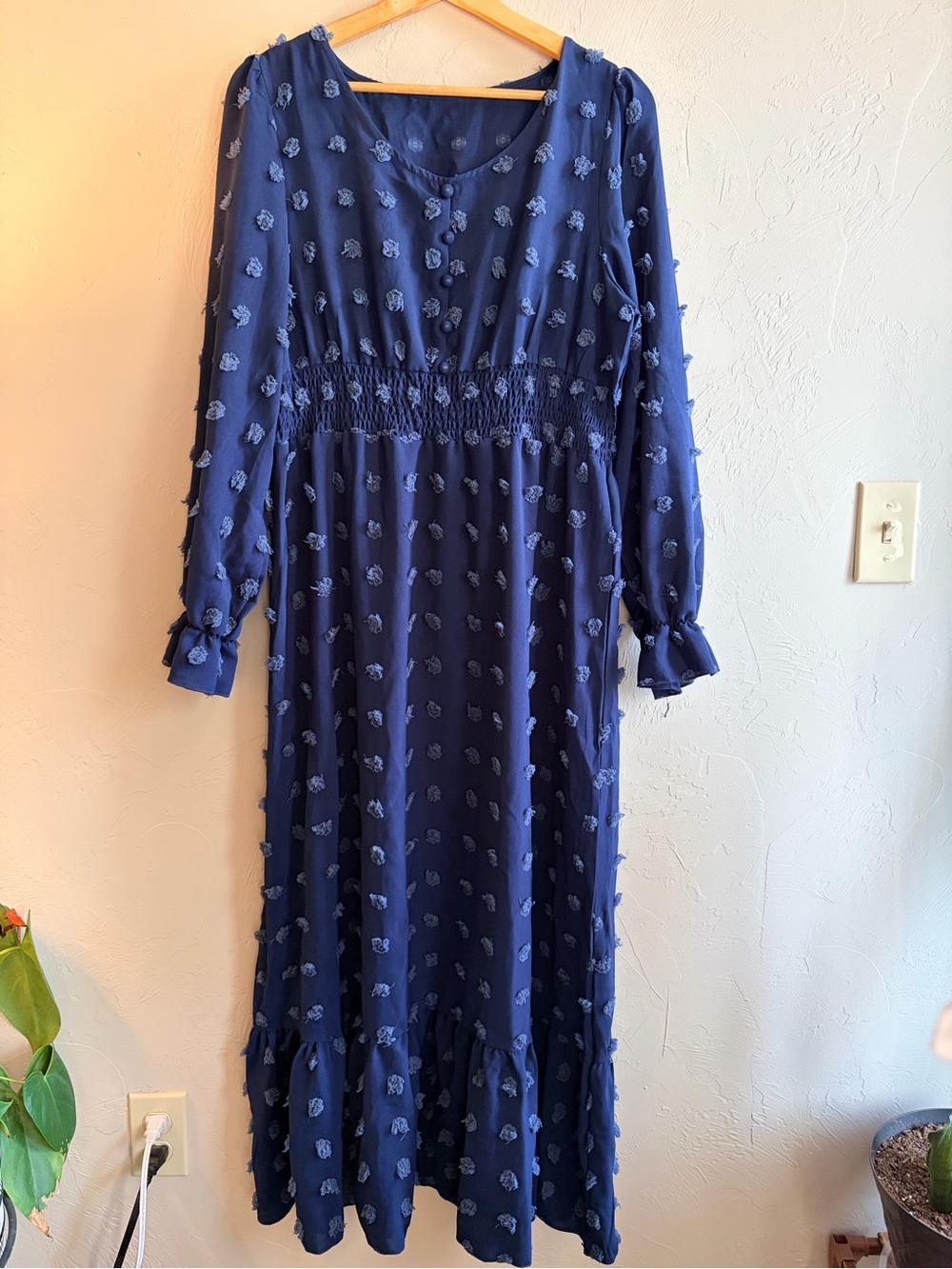 Blue Solid Chiffon Smocked Waist Button Ruffle V-Neck Midi Boho Dress Sz L